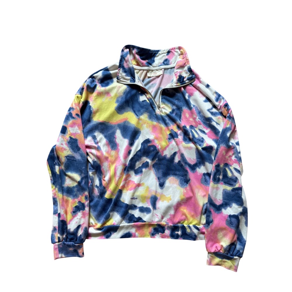 Bobbie Brooks Womens Large Tie Dye Quarter Zip Pullover Pink Blue Top